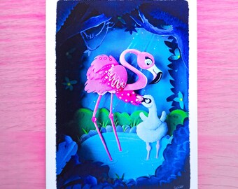 Flamingo Paper Art Postcard • Pink Print • Mother & Baby Animal Art • A6 Wall Decor Stationery
