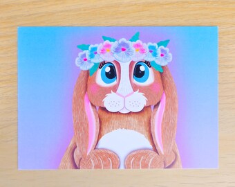 Flower Crown Rabbit Postcard • Bunny Illustration Card • Animal Art Print • Stationery Gift Rabbit Lovers