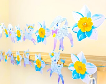 Lamb & Daffodil Bunting: Paper Garland, Home Decor Sheep Banner, Pastel Farm Animal Decoration