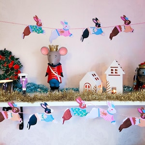 Ghirlanda di carta da appendere alla parete con coniglietto di Natale, regalo per la decorazione della stanza del coniglietto domestico, appendino per finestra, decorazione per feste in carta