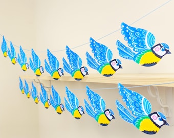 British Garden Blue Birds Bunting – Paper Garland, Nature Party Home Decor, UK Wildlife Banner