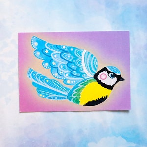 Impression d'art carte postale oiseau mésange bleue, amateur d'oiseaux de jardin