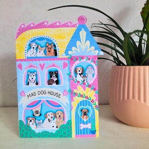 Linda tarjeta de felicitación de Mad Dog House con todas las razas de perros en Windows: perfecta para nuevos propietarios y amantes de las mascotas y gracias al veterinario