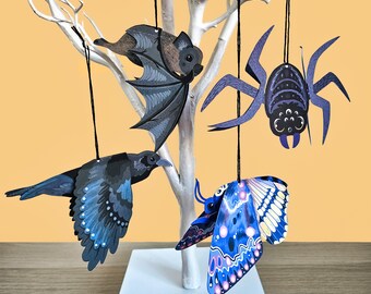 Spooky Paper Hanging Decorations – Bat, Crow, Spider, Moth • Halloween Party Décor • Eco Friendly