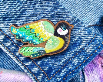 Yellow Tit Wooden Pin • Eco Friendly Brooch Glitter Backing • Nature Lover Accessory Badge Gift