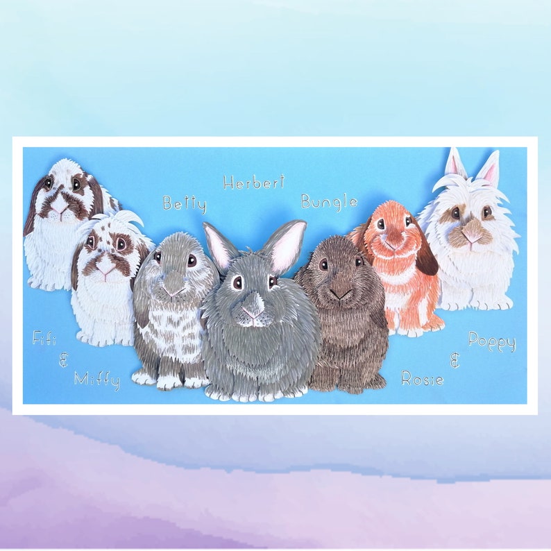 May include: A blue background with eight paper rabbits, each with a different color and pattern. The rabbits are named: Fifi & Miffy, Betty, Herbert, Bungle, Rosie, Poppy &