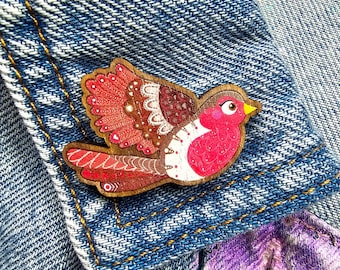Robin Bird Wooden Pin • Eco Friendly Brooch Glitter Backing • Nature Lover wAccessory Badge Gift