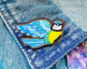 Blue Tit Bird Wooden Pin • Eco-Friendly Glitter Brooch • Nature Lover Accessory Badge Gift