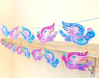 Folk Art Bird Bunting: Paper Garland, Flying Gift Bird Lover Wall Decor