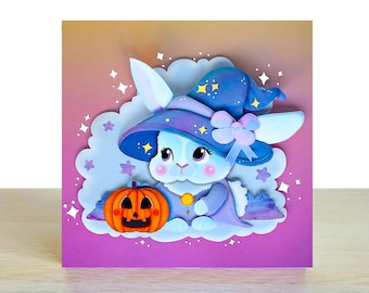 Halloween Bunny Witch Card • Eco Friendly • Rabbit Fall Pumpkin Art • Spooky Paper Cut Greeting