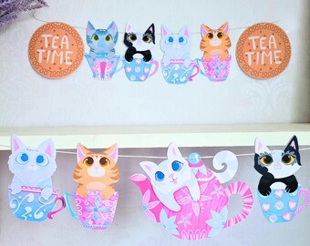 Cats in Teacups Bunting: Whimsical Paper Garland