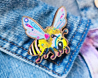 Bee Wooden Pin • Eco-Friendly Insect Brooch Glitter Backing • Nature Lover Accessory Badge Gift