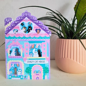 Jolie carte de voeux Crazy Cat House avec toutes les races de chats dans des fenêtres - Parfait pour les nouveaux propriétaires et les amoureux des animaux de compagnie, Merci Vétérinaire