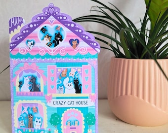 Crazy Cat House Greeting Card: Whimsical Cat Breeds, New Homeowner Gift