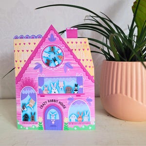 Jolie carte de voeux Crazy Rabbit House avec toutes les races de lapins dans des fenêtres - Parfaite pour les nouveaux propriétaires et les amis des animaux de compagnie et merci au vétérinaire