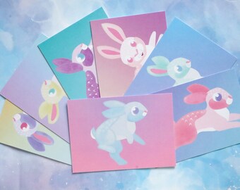 Rabbit Binky Art Postcards: Pastel Pet Illustrations, Set of 7