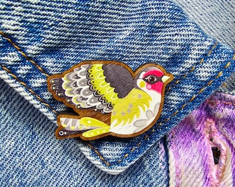 Gold Finch Bird Wooden Pin • Eco-Friendly Brooch Glitter Backing • Nature Lover Accessory Badge Gift