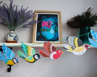 Empavesado de pájaros de jardín inglés, colgante de pared de papel, regalo de guirnalda de papel volador, colgador de ventana, fiesta de papel o decoraciones de boda