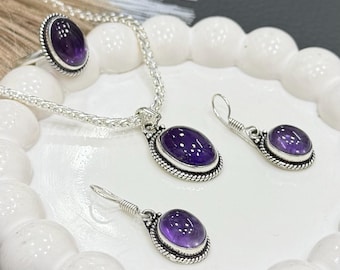 Amethyst Jewelry Set, Earrings Ring Pendant Set, 925 Sterling Silver Plated, Purple Gemstone Boho Artisan Jewelry