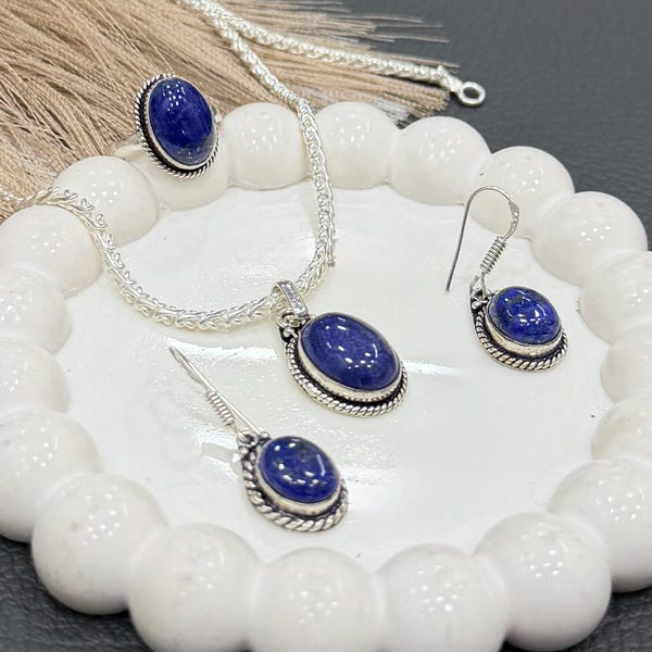 Parure de bijoux en lapis-lazuli, boucles d'oreilles, bague et pendentifs, plaqué argent sterling 925, bijoux artisanaux bohèmes en pierres précieuses bleues