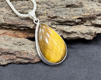 Tiger Eye Pendant Necklace | 925 Sterling Silver Plated | Healing Stone Jewelry | Silver Pendant