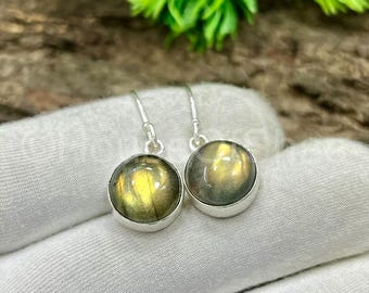 Labradorite Gemstone Round Earrings, 925 Sterling Silver Plated Gemstone Jewelry, Natural Crystal, Gift for Her
