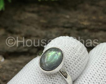 Edelsteenring labradoriet, 925 sterlingzilver verguld, handgemaakte boho-instructiering, ring blauwe flitssteen, ring blauwe labradoriet