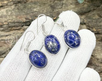 Conjunto de joyas de lapislázuli, bañado en plata de ley 925, con colgante y pendientes de plata.