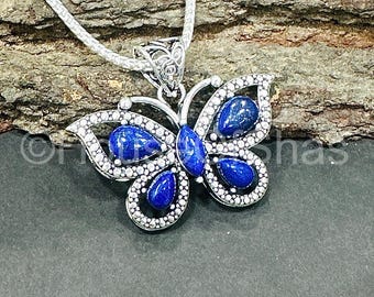 Lapis Lazuli Edelstein Schmetterling Anhänger, 925 Sterling Silber überzogen, Anhänger für Frauen, Heilstein