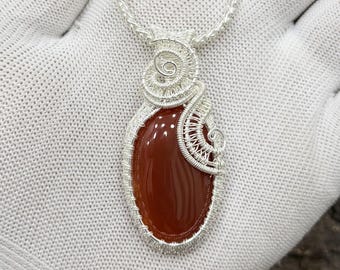 Carnelian Copper Wire Wrap Pendant Necklace, Handmade Gemstone Jewelry, Artisan Statement Necklace
