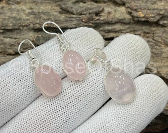 Conjunto de joyas de cuarzo rosa, baño de plata de ley 925, colgante y pendientes de plata.