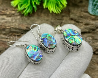 Abalone Shell Jewelry Set, 925 Sterling Silver Plated, Abalone Shell Pendant Necklace, Shell Earrings