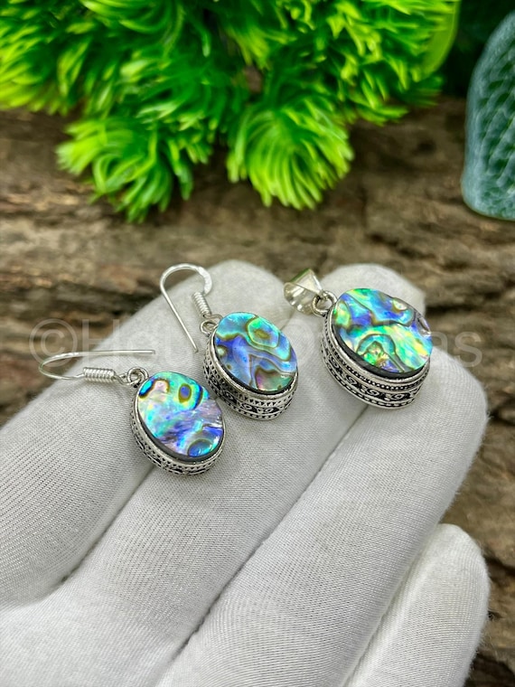 Abalone Shell Jewelry Set, 925 Sterling Silver Plated, Abalone Shell Pendant Necklace, Shell Earrings