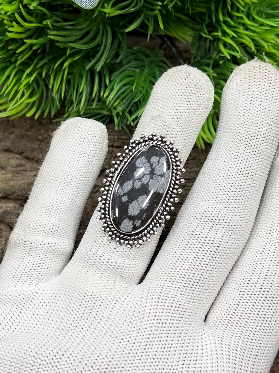 Handmade Snowflake Obsidian Coffin Ring In Sterling Silver 925 – Size 10.5