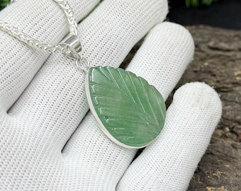Green Quartz Pendant Necklace, Green Crystal Leaf Pendant, 925 Sterling Silver Plated