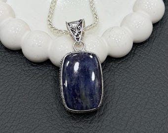 Iolite Pendant Necklace, Natural Violet Blue Gemstone Jewelry, 925 Sterling Silver Plated Boho Artisan Necklace