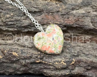 Unakite Crystal Heart Pendant Necklace | Heart Shape Necklace | Silver Plated Chain Necklace |