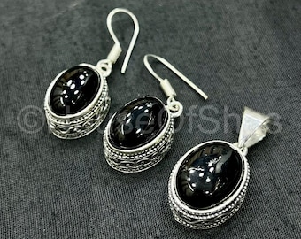 Schwarz Onyx Schmuck Set, 925 Sterling Silber Plated, Onyx Ohrringe Ohrstecker, Onyx Anhänger Halskette
