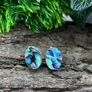 May include: A pair of oval-shaped abalone shell earrings. The earrings display iridescent blues, greens, and purples. The earrings are set in a silver-colored metal. The background is a textured, dark brown surface with green foliage.