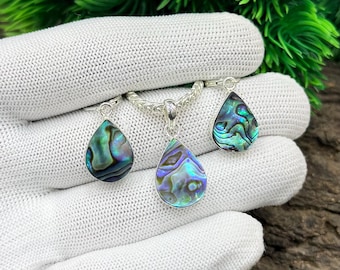 Abalone Shell Jewelry Set, 925 Sterling Silver Plated, Silver Pendant and Earrings