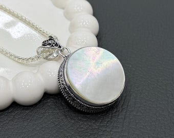 Mother of Pearl Pendant Necklace, Natural Shell Jewelry, 925 Sterling Silver Plated Minimal Boho Necklace