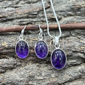 May include: A jewelry set featuring a necklace and a pair of earrings. Each piece has a polished, oval-shaped, deep purple gemstone set in a silver-colored metal. The necklace has a matching pendant, and the earrings have hook closures.