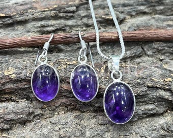 Amethyst Jewelry Set, Pendant Necklace and Earrings Set, 925 Sterling Silver Plated