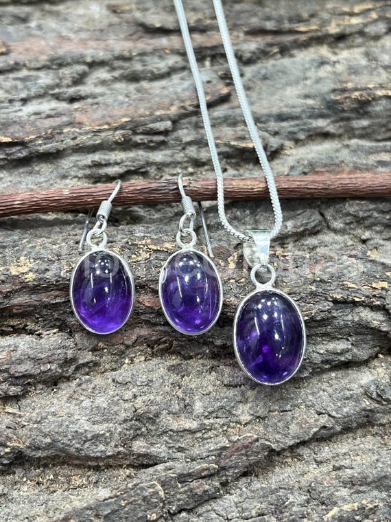 Amethyst Jewelry Set, Pendant Necklace and Earrings Set, 925 Sterling Silver Plated