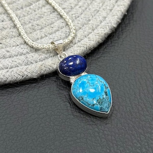 Halsband med lapis lazuli och turkoshänge | Plätering i 925 sterlingsilver | Smycken med blå ädelstenar | Statementhalsband