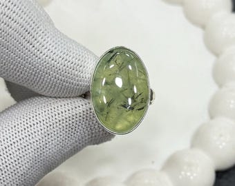 Prehnite Ring, 925 Sterling Silver Plated Ring, Soft Green Gemstone Ring, Minimal Boho Artisan Jewelry