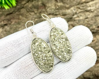 Pyrite Dangle Earrings, 925 Sterling Silver Plated, Natural Gemstone Earrings, Minimal Artisan Jewelry