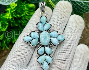 Larimar Cross Pendant Necklace | 925 Sterling Silver Plated | Handmade Healing Crystal Jewelry | Calming Ocean Stone | Birthstone Jewelry