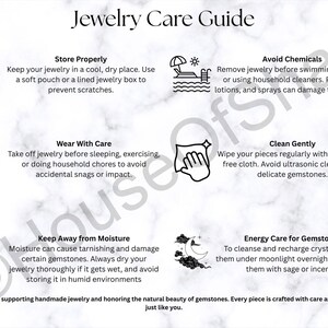 May include: A white and black Jewelry Care Guide with text and illustrations. The guide provides tips on storing, wearing, cleaning, and caring for jewelry, including avoiding moisture and chemicals.