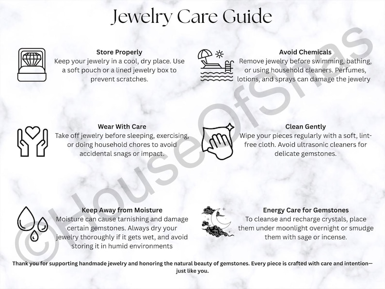 May include: A white and black Jewelry Care Guide with text and illustrations. The guide provides tips on storing, wearing, cleaning, and caring for jewelry, including avoiding moisture and chemicals.